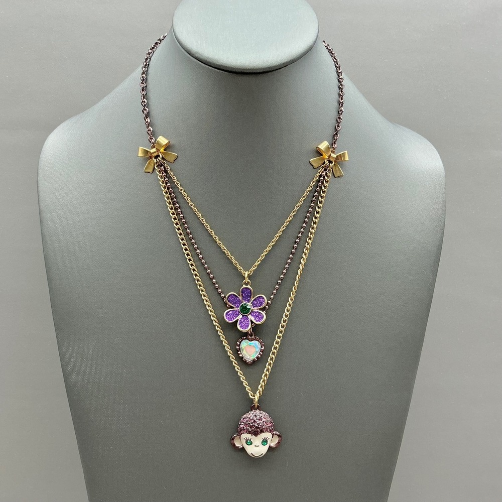 Betsey Johnson Necklace Women Gold Tone Purple Monkey Heart Flower Bows 16-19 In